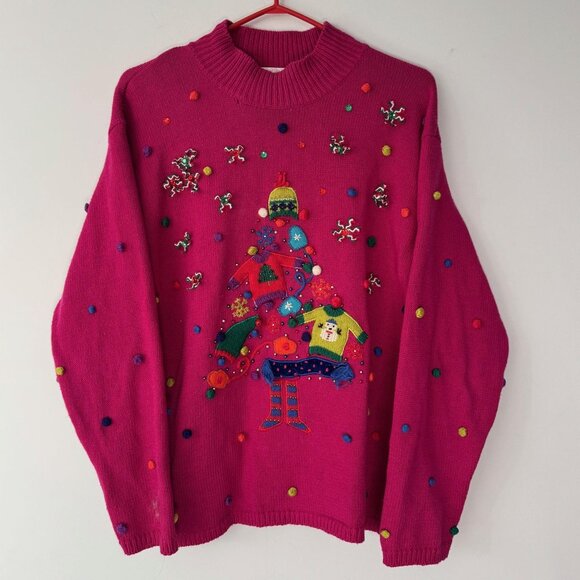 90s vintage pink festive holiday novelty embroidered ugly christmas knit sweater - Picture 1 of 10